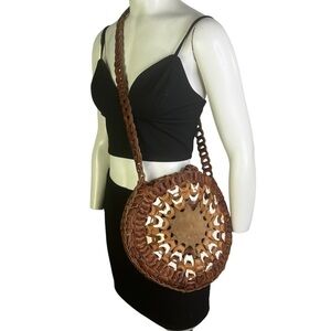 BOHO  BROWN CROSSBODY SHOULDER BAG LEATHER BRAIDED HIPPIE WOMEN ROUND HANDMADE